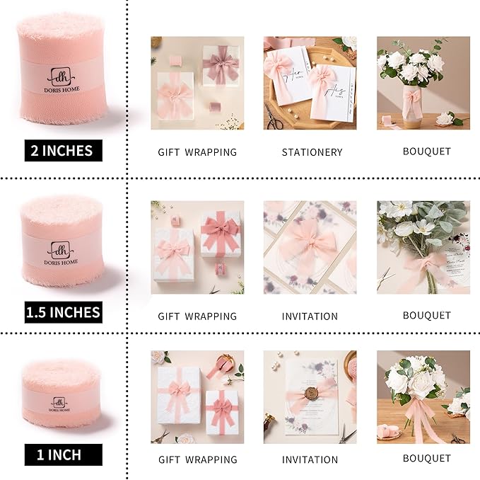 DORIS HOME Blush Pink Chiffon Ribbon for Flower Bouquet, 1" x21Yd Fabric Ribbon for Gift Wrapping, Handmade Frayed Ribbon for Wedding Invitations/Christmas Decorations
