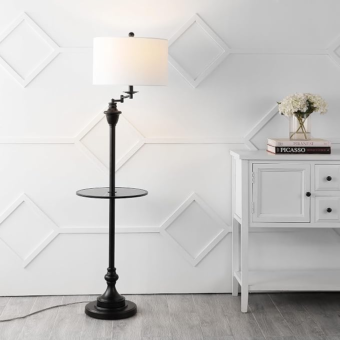 JONATHAN Y 60" Black Floor Lamp with Integrated Glass Side Table, Modern Swing Arm Standing Lamp for Living Room, White Linen Shade, LED Bulb Included (JYL3055D)