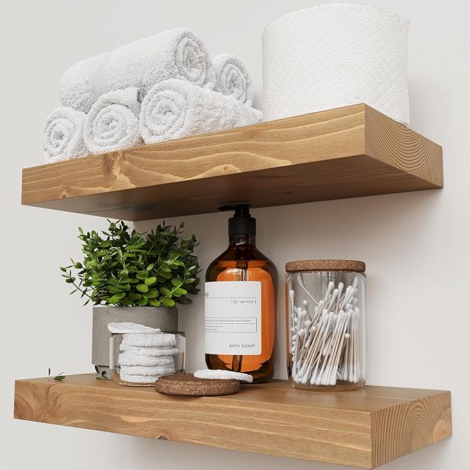BAOBAB WORKSHOP Natural Wood Floating Shelves for Wall 16 inch - Floating Wall Shelves for Kitchen Bedroom - Wooden Bathroom Shelves - Floating Shelf - Oak Finish, 16W x 6.7D, Set of 2
