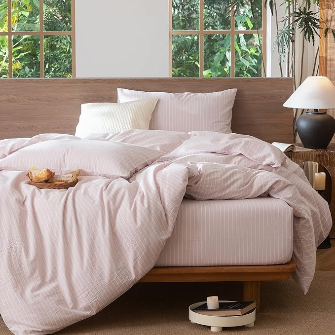 MooMee Striped Duvet Cover Set 100% Washed Cotton Linen Like Textured Breathable Durable Soft Comfy (Heathered Greyish Pink White Wide Stripes, Twin 68"x90")