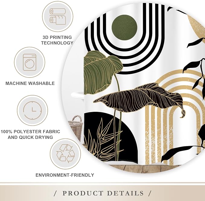 Glawry Green Gold Abstract Mid Century Shower Curtain Boho Retro Tropical Palm Sun Arch Minimalist Bathroom Modern Aesthetic Geometric 60Wx72L Inches Bath Accessories Home Decor Fabric 12 Pack Hooks