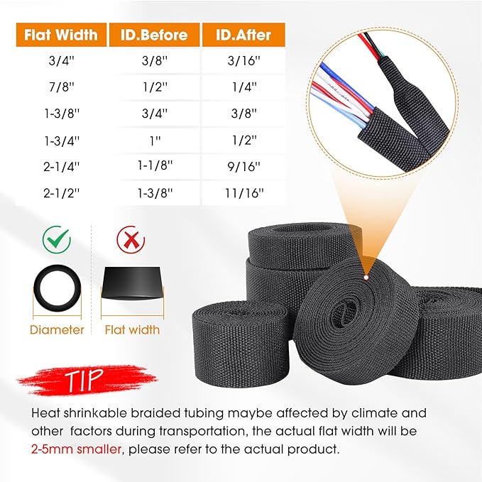 Black 2:1 Ratio Automotive Heat Shrink Braided Sleeving,Wear-Resistant Flat Woven Shrinkable Sleeve Fabric Car Cable Wires Hoses Protection (1"-26ft)