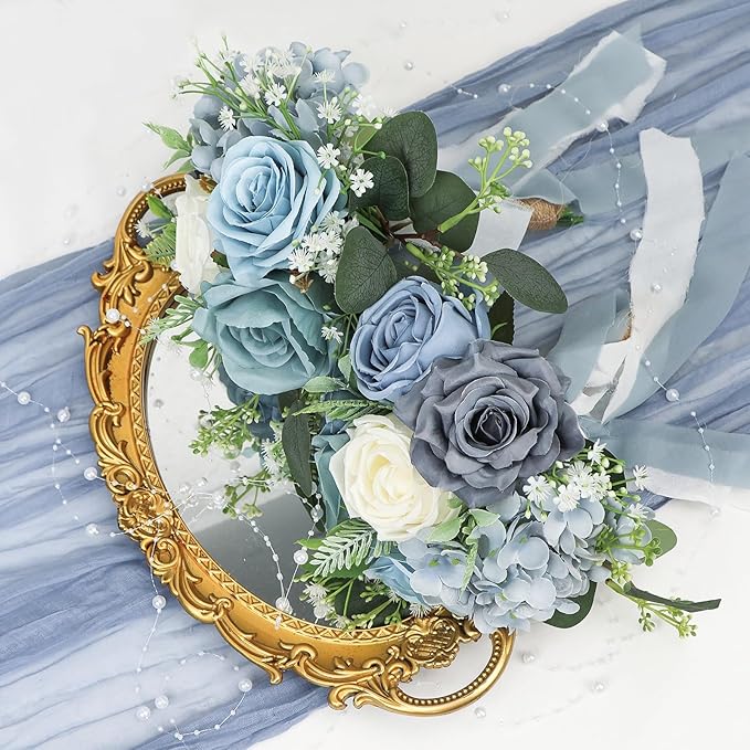 Set of 6 Bridesmaid Bouquets for Wedding - Artificial Bouquets for Bridesmaids Flowers Silk Floral Ceremony Anniversary Centerpieces Decorations - Dusty Blue and White，7 Inch
