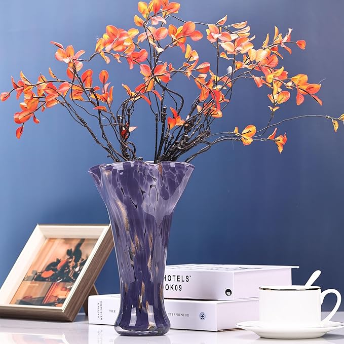 9.8" Tall Purple Hand Blown Glass Vases for Home Decor,Modern Wide Mouth Ruffle Flower Vase Table Centerpieces,Colored Coastal Sea Glass Art for Bookshelf,Bathroom,Counterto,Wedding