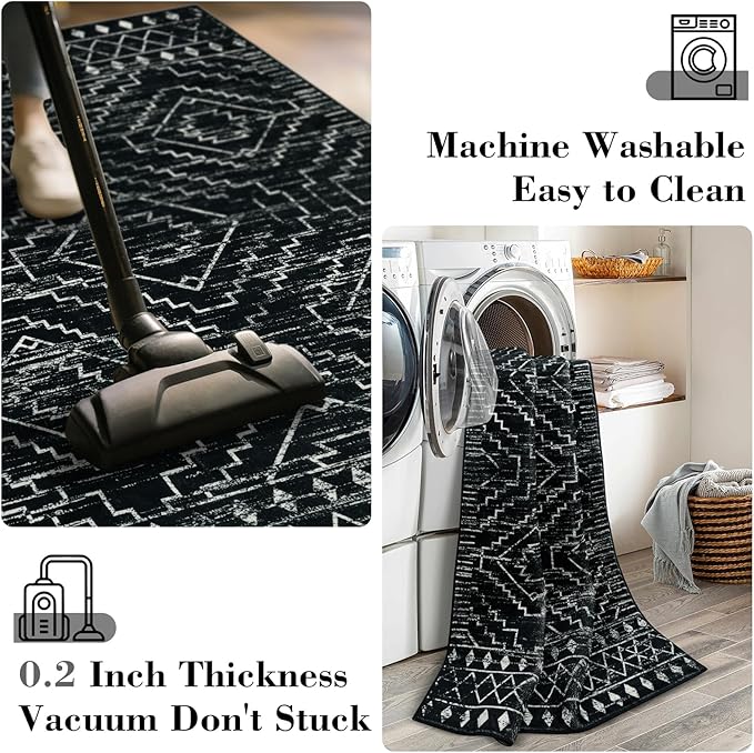 Wonnitar Moroccan 3x5 Rug, Black Washable Small Rug for Bedroom, Non-Slip Geometric Tribal Entry Throw Mat, Boho Farmhouse Rustic Soft Low Pile Area Rug for Bathroom Dining Guest Room (Black,3'x5')