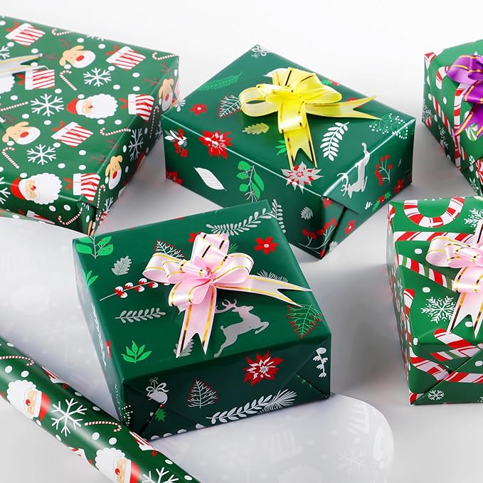 Miss DuiDui Green Christmas Wrapping Paper, 3 Rolls, 17 inch x 9.8 feet, Candy-Canes Santa Design for Girls Boys Kids, Christmas, Party, Holiday
