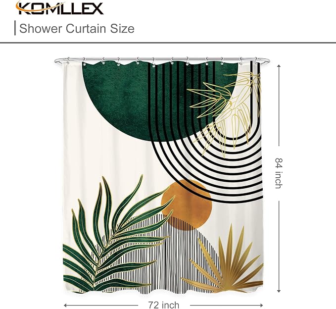 KOMLLEX Mid Century Green Boho Shower Curtain 72Wx84L Inches Abstract Modern Shower Curtains for Bathroom Plant Botanical Minimalist Leaf Arch Sun Fabric Liner Waterproof Polyester 12 Pack Hooks