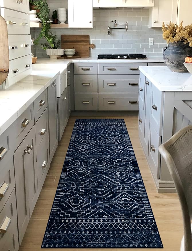 Wonnitar Washable Runner Rug for Kitchen, 2'6"x8' Moroccan Blue Hallway Carpet Runner, Non-Slip Long Geometric Rustic Entryway Floor Runner Soft Throw Mat for Bedroom Bathroom Closet (Blue,2'6"x8')