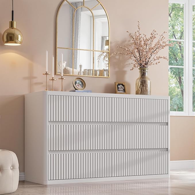 Fluted 6 Drawers Double Dresser, White Dresser for Bedroom, Modern Chest of Drawers with Handleless, Curved Profile Dressers TV Stand, Wood Storage Organizer for Living Room, Hallway