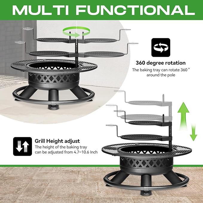 Panovue 47 Inch Outdoor Wood Burning Fire Pit with 2 Grills,Extra Large 3-in-1 Fire Pit with Metal Lid & Fire Poker, Heavy Duty BBQ Firepits for Outside, Backyard, Bonfire, Patio & Party (47'' Black)