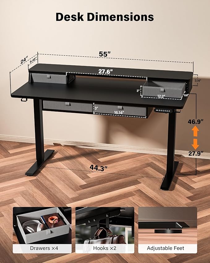 FiCiHi Adjustable Height Standing Desk with 4 Drawers,55 x 24 inches Electric Sit Stand Home Office Desk with Two Tiers, 3 Memory Presets, Monitor Stand Riser, C-Clamp Mount Compatible