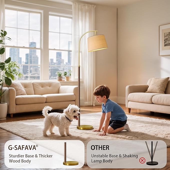 G-SAFAVA 63" Wood Floor Lamps for Living Room with Foot Switch Arc Tall Standing Lamp for Bedroom Mid Century Modern Corner Gold Floor Lamps for Office Nursery Industrial Reading Lamp, Chestnut