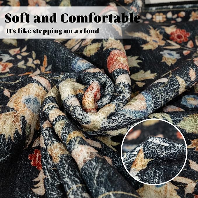 MUJOO 3x5 Rug Washable,Black Floral Area Rugs for Bedroom Bedside Entryway Living Room Kitchen,Floral Boho Small Indoor Floor Rug Non Slip Throw Carpet Low Pile Vintage