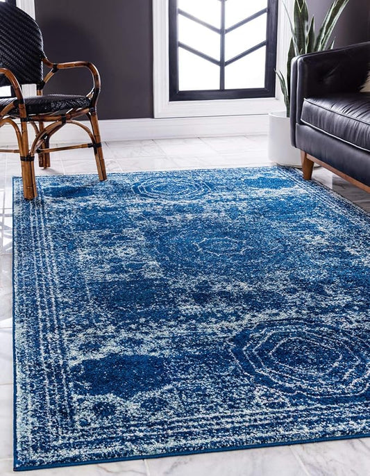 Unique Loom Bromley Collection Area Rug - Wells (6' 1" x 9' Rectangle, Navy Blue/ Ivory)