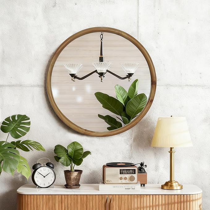 Bathroom Wall Cabinet with Doors and Round Wood Framed Wall Mirror, 21.65" W x 7.48" D x 32.48" H Grey Cabinet + 35.43" Diameter Natural Wood Mirror