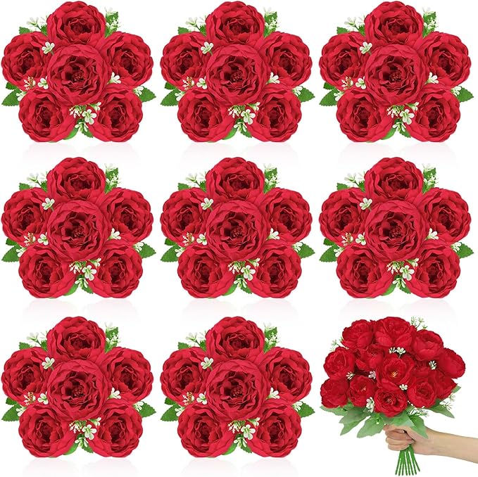 8 Pack Red Peonies Artificial Flowers, Fake Silk Hydrangea Bouquet for Bridal Wedding Home Table Decor Reusable Dining Opening Ceremony Birthday Arrangement Faux Floral