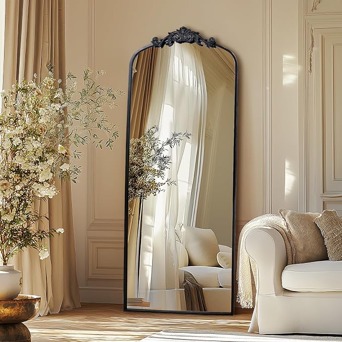 71" x 30" Black Arch Full Length Mirror, Gothic Ornate Baroque Floor Mirror with Decorative Crown, Large Arched Wall Mounted Dressing Mirror for Bedroom, Living Room, Entryway
