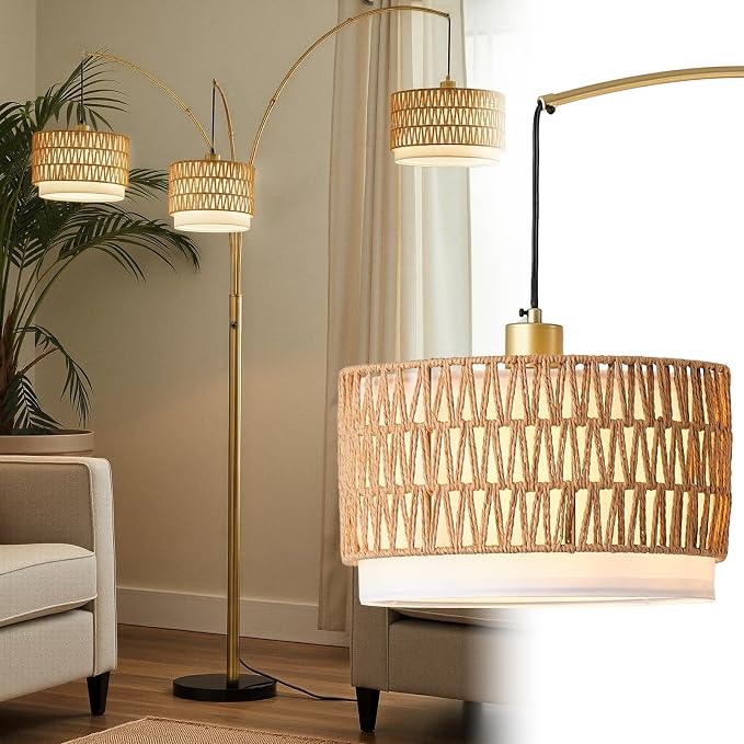 Arc Floor Lamp for Living Room, 80 Inch Gold Rattan Floor Lamp with Rotary Switch, 3 Lights Boho Tall Lamp with Wicker Shade for Coastal,Bohemian,Tree Farmhouse Standing Lamp