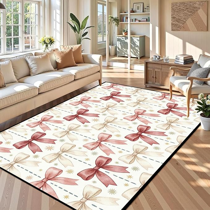 Pink Bowknot Area Rug 6'x9' Watercolor Coquette Aesthetic Non-Slip Washable Carpet for Bedroom Living Room Nursery Kitchen Playroom Home Decor Soft Low Pile Floor Mat