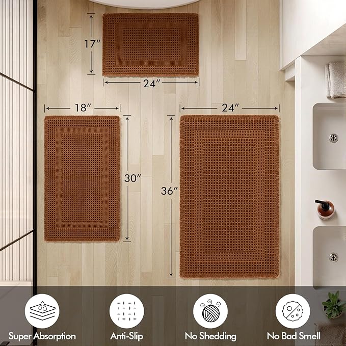 MIULEE Set of 2 Waffle Bathroom Rugs, Terracotta Boho Bath Rug Super Absorbent, Non Slip Washable Ultra Soft Rubber Backed Shower Bath Mats for Floor, Tub, Looped Design, Caramel, 17"x24"+18"x30"