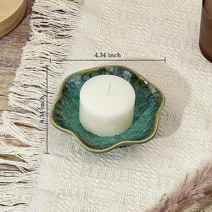 Koythin 2-Piece Ceramic Candle Holder, Aesthetics Candlestick Holders for Tea Lights, Lotus Leaf Shape Candle Stand for Mantle Table, Adorable Vintage Decor for Weddings Dining (Green)