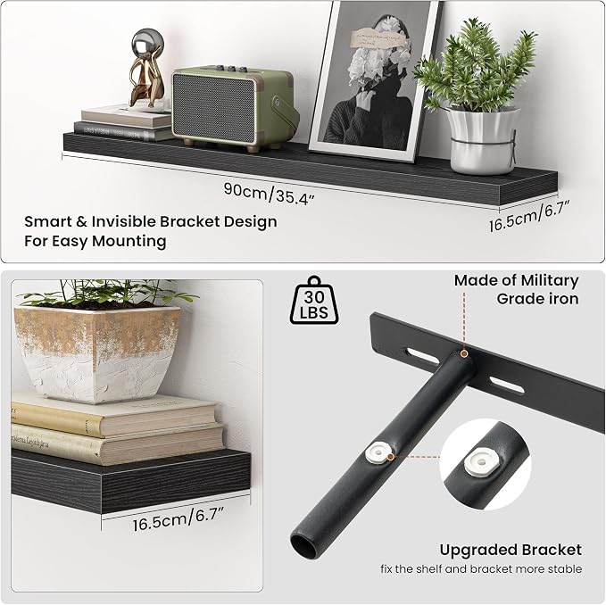 Heimlove 36 Inch Floating Shelves for Wall,Mounted Storage & Display Wood Shelves with Invisible Brackets,Hanging Shelf for Bedroom Living Room Kitchen Office,Set of 2,Black