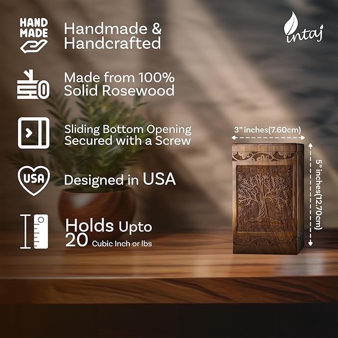 INTAJ Tree of Life Wooden Urn for Human Ashes, 20lbs Capacity, Suitable for Burial for Men, Women, Mom, Dad - Mini Rosewood Keepsake Cremation Urn for Ashes Handcrafted