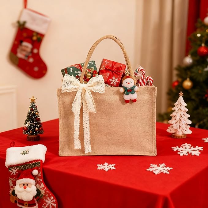 8pcs Burlap Tote Bag Set with Handles, Waterproof Reusable Blank Water Resistant Grocery Bags with Ribbon Large Jute Tote 15.35*6*12 In for Women Bridesmaid Gift Christmas Shopping Wedding Travel DIY