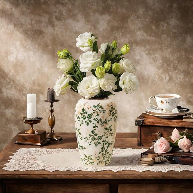 Vintage Green and Beige Flower Vase,Retro Chinoiserie Vase,Farmhouse Antique Decorative Ceramic Vases for Home Decor,Bookshelf, Dining Table, Coffee Table,Mantel,Grand Millennial Decor (H8.7 Inch)