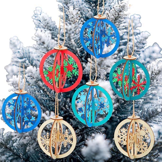 Chunful 24 Pcs DIY Christmas Wooden Ornaments 3D Unfinished Wood Crafts to Paint Christmas Hanging Cutouts Blank Hollow Wood Santa Reindeer Snowman Slice for Xmas Tree Decorations(Snowflake)
