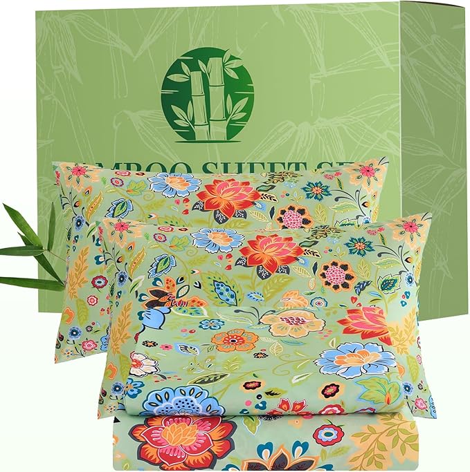Bedlifes California King Floral 4-Piece Sheet Set - Cooling Sheets Blend Rayon Derived from Bamboo,Soft & Breathable, Deep Pocket 16", Wrinkle Resistant - Vibrant Boho Floral Sage Green