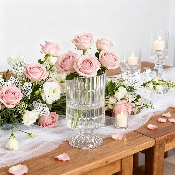 Pedestal Glass Vase, Textured Crystal Vase for Flowers, Bouquet, Vintage Transparent Vases 6.7 Inch, Decorative Flower Vases for Centerpieces, Dining Table, Home Decor, Office, Wedding, Party
