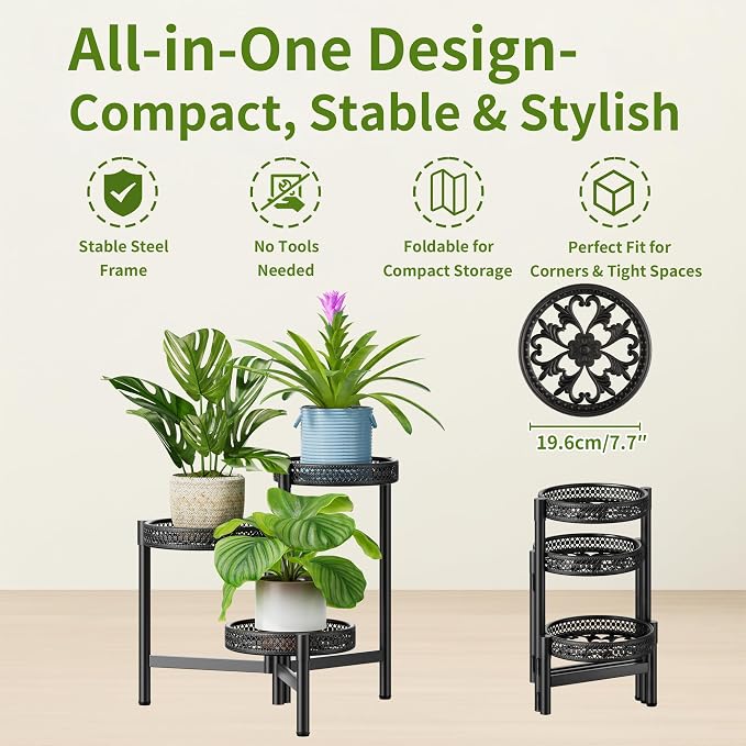 Metal Plant Stand Indoor Outdoor, 3 Tier Corner Tall Plant Shelf for Multiple Plants, Tiered Plant Stand, Heavy Duty Flower Plant Holder, Folding Tall Rack for Garden Patio Lawn Balcony - BlackWave