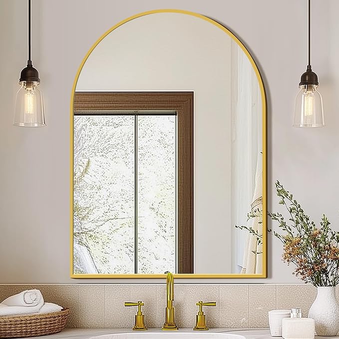 FICTOR Bathroom Mirror for Wall, Arched Vanity Bathroom Mirror for Over Sink, Metal Framed with HD Shatter-Proof Glass for Entryway, Living Room,Bedroom(30” x 40”, Gold)