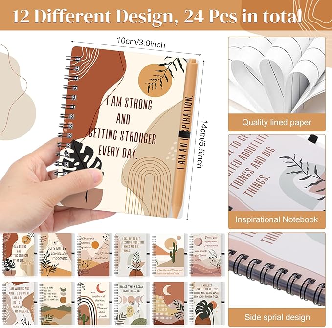 Kosiz 48 Pcs/24 Set Positive Affirmation Gifts Gratitude Spiral Notebooks with Pens Motivational Encouragement Notepads Daily Affirmations Journal for Women Valentine Galentine Gifts (Boho)