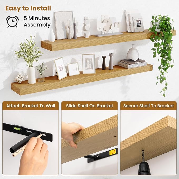 Fun Memories Floating Shelves 48 Inch, Extra Large Wood Shelf Set of 2, Hanging Wall Shelves for Bathroom, Living Room, Kitchen, Bedroom, Oak