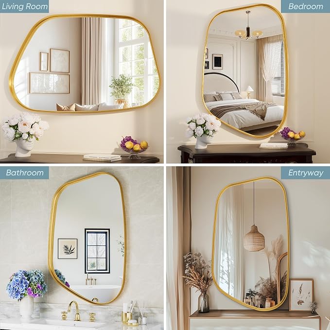 Irregular Wall Mirror 55"x28" Bathroom Mirrors Asymmetrical Artistic Decorative for Living Room Bedroom Bathroom Hallway Entryway,Trapezoid,Gold