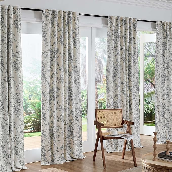 jinchan Blackout Linen Blend Curtain Gray Floral Blackout Curtains for Living Room 96 Inch Length Grey Printed with Lined Blackout Curtain for Bedroom Farmhouse Curtains Set 2 Panels