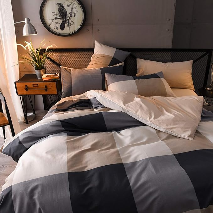 Queen Comforter Set - 3 Pieces Soft Bedding Plaid Vintage Style Checkered Gingham for All Seasons - 1 Comforter and 2 Pillowcases
