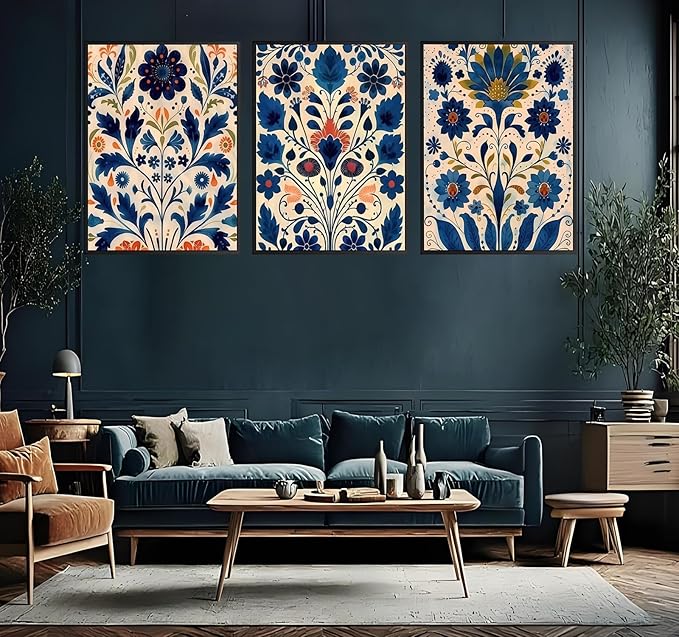 3 Pcs Blue Boho Flower Canvas Wall Art, Floral Painting Poster Wall Decor,Wildflower Botanical Picture for Wall Living Room Bathroom Bedroom Home Decoration 16 * 24 in (Poster no Framed)