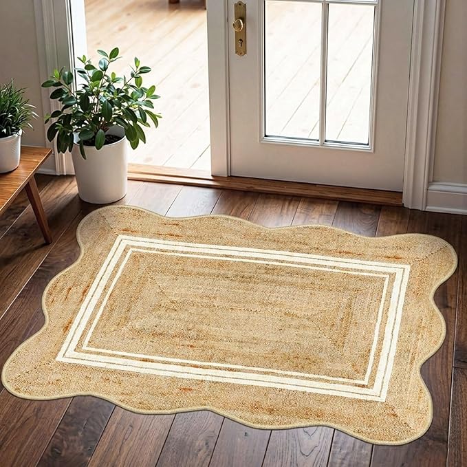 Front Door Rug - 2x3 Jute-Look Washable Doormat Indoor Outdoor Entrance Non-Slip Door Mat Farmhouse Scalloped Small Throw Rugs for Entryway Bedroom Kitchen Mat for Floor Front Porch Decor
