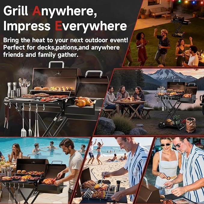 kscocinaBBQ Portable Charcoal Grill with Smoking Function, Foldable Suitcase Design with Wheels, Multi-Tier Storage Rack & Waterproof Cover for Outdoor BBQ Parties (Khaki)