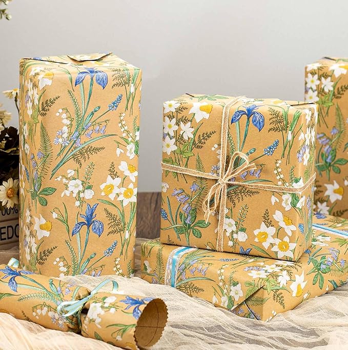 MAYPLUSS Kraft Floral Wrapping Paper - 17Inch x 16.5Feet - Elegant Meadow Gift Wrap Boho Garden Watercolor Flower Gift Wrapping Paper for Birthday, Wedding, Mothers Day, Bridal Shower, Engagement