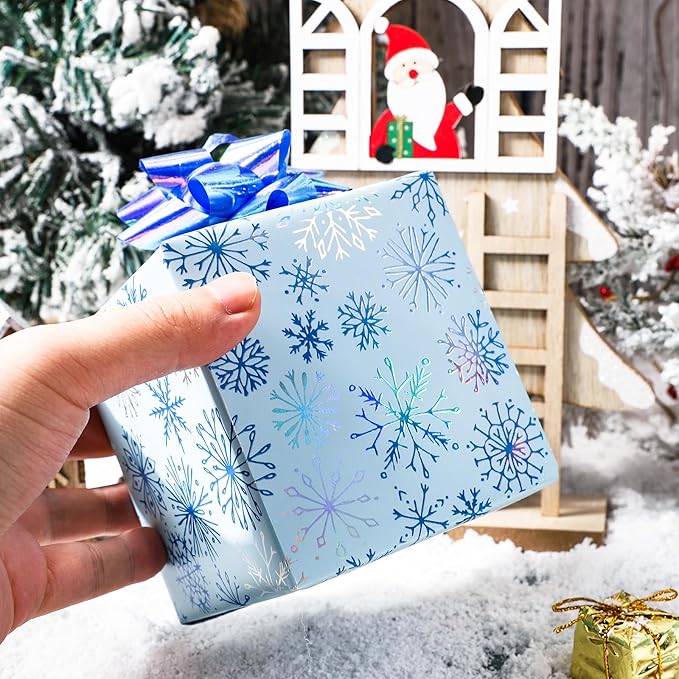 LeZakaa Blue Christmas Wrapping Paper Mini Roll, Snowman Reindeer Crystal Ball Snowflake Tree Metallic Foil Holiday Gift Wrap, Arts Craft, for Xmas Winter Party, 17 x 120 inches, 3 Rolls