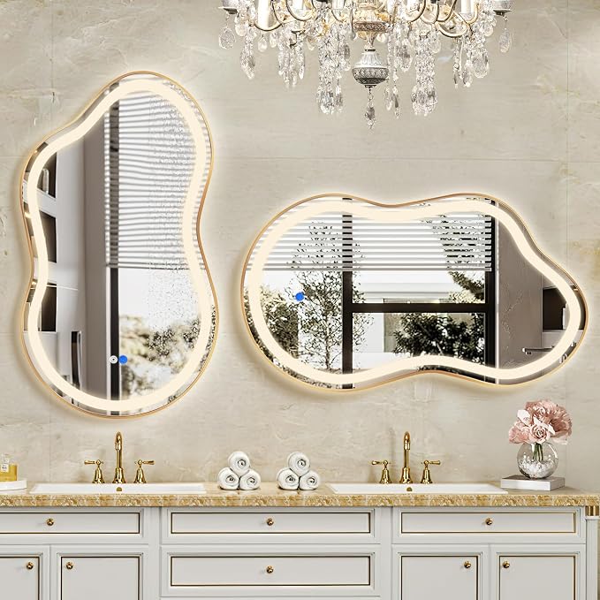 Irregular LED Bathroom Mirror with Lights, Cloud Smart Backlit Mirror, Dimmable Lighted Bathroom Gold Mirror with Anti-Fog, Asymmetrical Vanity Mirror Hangable 2 Ways (Gold, 24 x 36, 2 Pack)