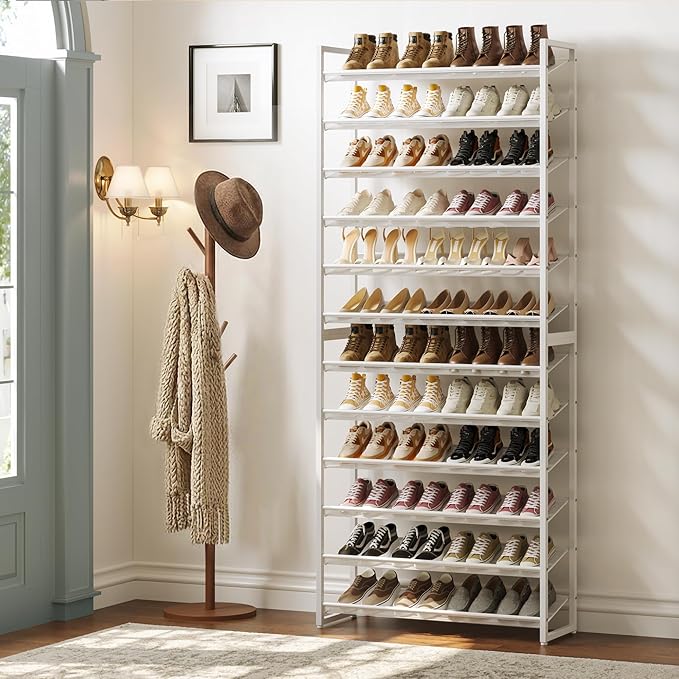 Nunsino Shoe Rack,12 Tier Metal Shoe Organizer,Max Holds 60 Pairs,Heavy Duty Shoes Shelf for Garage, Entryway, Closet,White
