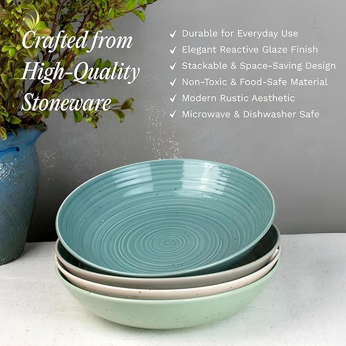 Sango Siterra Artist's Blend Stoneware Pasta Bowls (Set of 4) Multi Assorted Colors– Featuring Soft Gray, Blue, Green, and Ivory, for Everyday Dining & Entertainment, Microwave & Dishwasher Safe