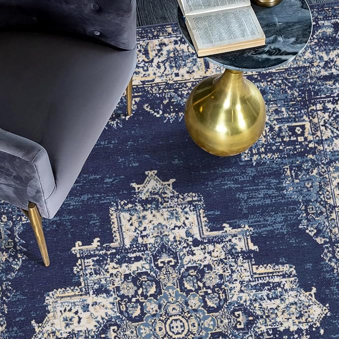 vivorug Round Rug 5ft Vintage Round Area Rug Non-Slip Indoor Carpet for Living Room Bedroom Entryway, Stain Resistant Home Decor Circle Rug, Navy Blue