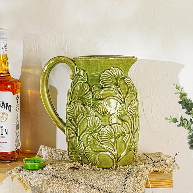 Sungmor Embossed Ceramic Pitcher Vase, Decorative Green Farmhouse Ceramic Pitcher for Flowers, Vintage Textured Vase for Table, Kitchen & Home Decor, 8 Inch with Ice Crackle Glaze Finish