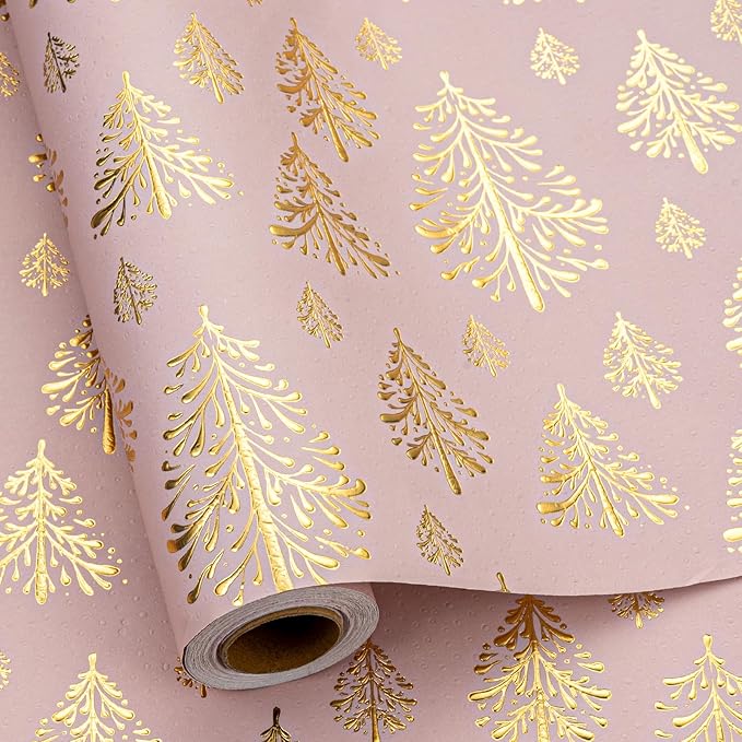 Flyhill Kraft Christmas Wrapping Paper-Pink 3D Embossed Gold Foil Christmas Pine Tree with Woodlands for Chrsitmas, Holiday, Party,Celebration (17 Inch X 32.8 Feet)